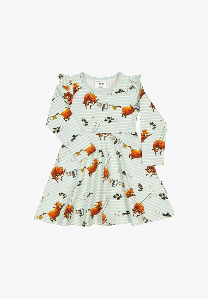 Robe à manches longues en vert menthe clair avec un imprimé amusant d'animaux de la ferme, présentant des épaules ruffled et une jupe évasée.