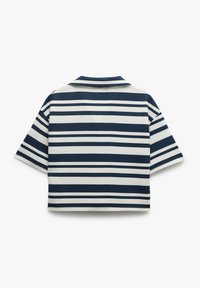 Camicia a maniche corte con colletto, caratterizzata da strisce orizzontali blu navy e bianche, realizzata in tessuto strutturato, con una vestibilità rilassata e uno spacco sul retro.