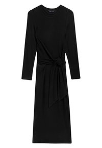 Robe noire à côtes avec des manches longues, un col rond et un détail de taille nouée. Tissu lisse avec une silhouette ajustée.