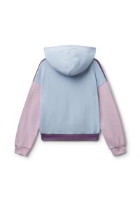 Felpa con cappuccio di corpo azzurro chiaro, maniche lavanda e bordo viola, mostrata da dietro su sfondo bianco.