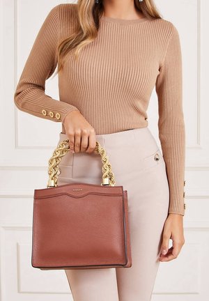 Brown textured leather handbag with a braided gold-tone handle and a subtle logo, featuring a rectangular shape and contrasting black edges.