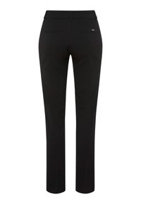 Zwarte op maat gemaakte broek met een rechte pijpdesign, gladde stof, twee achterzakken en een subtiele metallic accent op de tailleband.