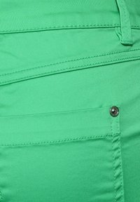Tessuto verde con una consistenza liscia, caratterizzato da dettagli di cucitura e un accento di bottone in metallo vicino a una tasca. Inquadratura ravvicinata del materiale dei pantaloni.