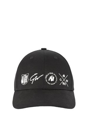 Zwarte honkbalpet met witte Gorilla Wear-logo's en tekst aan de voorkant, inclusief afbeeldingen van gorilla's en de merkinitialen GW.
