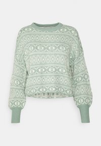 Mintgrüner gestrickter Pullover mit geometrischem weißen Muster, Rundhalsausschnitt und Ballonärmeln, mit gerippten Bündchen und Saum.