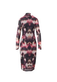Langärmliges Kleid mit hohem Kragen, figurbetonter Silhouette und einem auffälligen abstrakten Muster in Schwarz, Pink und Weiß.