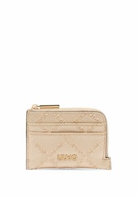 Portafoglio in pelle beige texture con chiusura a zip, motivo del logo impresso, tasche esterne per carte e nome del brand LIU JO in tono oro sul fronte.