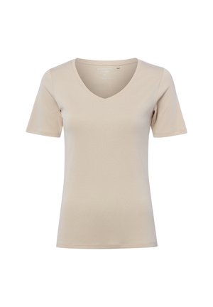 Beżowy damski T-shirt z krótkim rękawem i dekoltem w serek, o dopasowanym kroju i gładkiej tkaninie na białym tle.