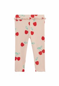 Ribbede leggings i lys ferskenfarve med røde kirsebærprint og grønne stilke, der har en flæseholdig talje og frynset kant ved anklerne.