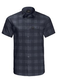 Kortärmad rutiga skjorta i mörkblått och grått. Tillverkad av lättviktsmaterial med knapp-ner krage och framfickdetalj.