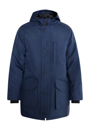 Námornícky modrá zateplená bunda s kapucňou, obsahujúca predný zips, veľké vrecká na klopu a rebrované manžety na zahriatie. Vodoodolný materiál.