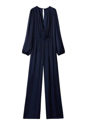 Long-sleeve navy blue jumpsuit with wide legs, V-neck, gathered waist, and keyhole button closure at the back.