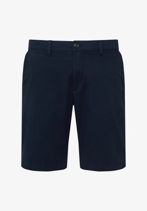 Tamno plave pamučne kratke hlače ravnog kroja, s kopčanjem na dugme, prednjim džepovima i glatkom teksturom. Bez uzoraka ili dodatnih detalja.