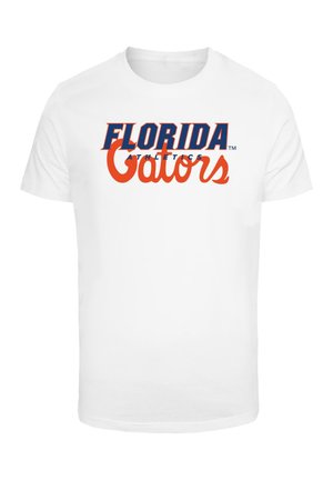 Hvid bomulds t-shirt med "FLORIDA ATHLETICS" i blåt og "Gators" i orange. Korte ærmer, rund halsudskæring, standard pasform, uden mønstre.
