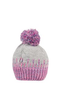 Gray knitted beanie with a pink and purple pom-pom on top. Features a ribbed pink and purple hem with textured stitch design.