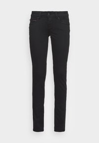 Svarta stretchjeans med smal passform, med framfickor, subtila sömnadsdetaljer och en klassisk dragkedja och knappstängning.