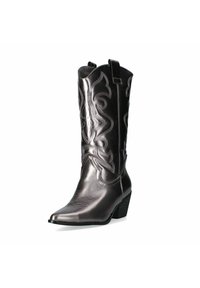 Stivale da cowboy argento metallizzato con punta affusolata, tacco di altezza media e design ricamato intricato lungo il gambale. Pannello nero sul retro.