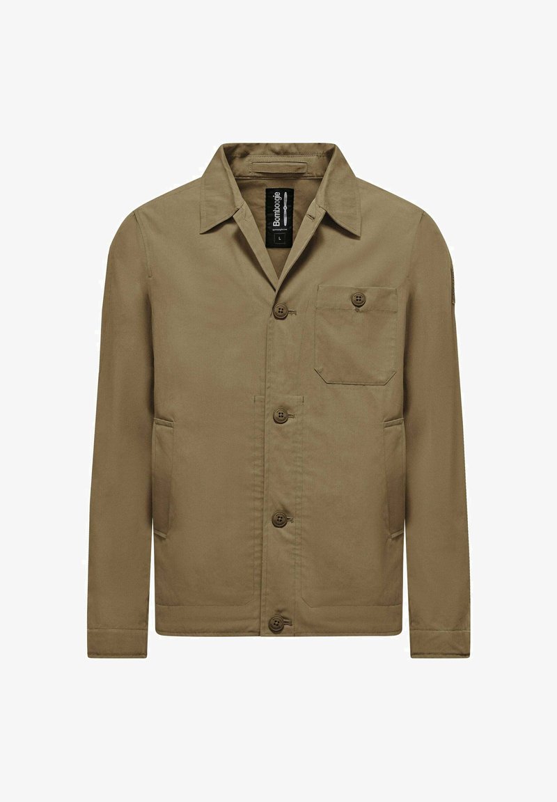 Brązowa męska kurtka zapinana na guziki, z kołnierzem, kieszenią na piersi i dwoma bocznymi kieszeniami, rozmiar duży, marka Bomboogie.