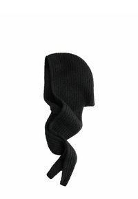 Schwarze, gestrickte Balaclava mit Rippstruktur, die dazu entworfen wurde, Kopf und Hals zu bedecken und eine verlängerte, lässige Form aufweist.