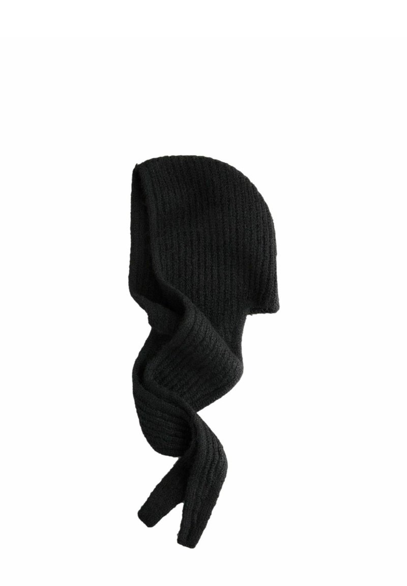 Schwarze, gestrickte Balaclava mit Rippstruktur, die dazu entworfen wurde, Kopf und Hals zu bedecken und eine verlängerte, lässige Form aufweist.