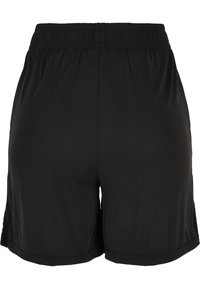 Sorte treningsshorts med elastisk midje, laget av mykt stoff. Har en løs passform og rett snitt, ingen ekstra maskinvare eller mønstre.