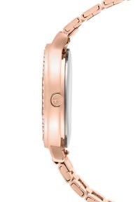 Runde Uhr mit einem Gehäuse und Armband aus Roségoldmetall. Die Lünette ist mit kleinen Steinen besetzt. Silbernes Zifferblatt und Detail der Seitentaste.