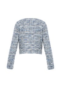 Geknipte jas van gestructureerde blauw-witte geweven stof. Lange mouwen, ronde halslijn en minimaal ontwerp zonder zichtbare hardware.