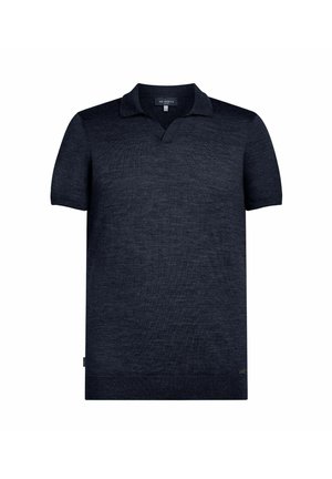 Dark navy short-sleeve polo shirt made of soft fabric, featuring a classic collar and a subtle texture, with a small logo on the side.