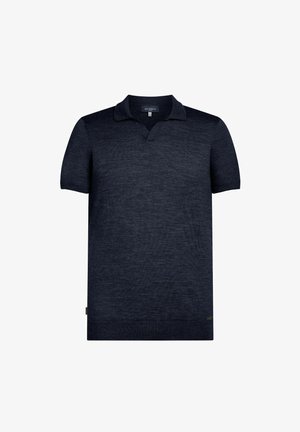 Dark navy short-sleeve polo shirt made of soft fabric, featuring a classic collar and a subtle texture, with a small logo on the side.