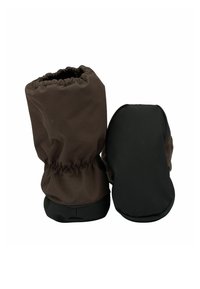 Mitones de invierno aislantes marrones para niños, con muñequeras elásticas y palmas de agarre texturizado negro, mostrados por delante y por detrás.