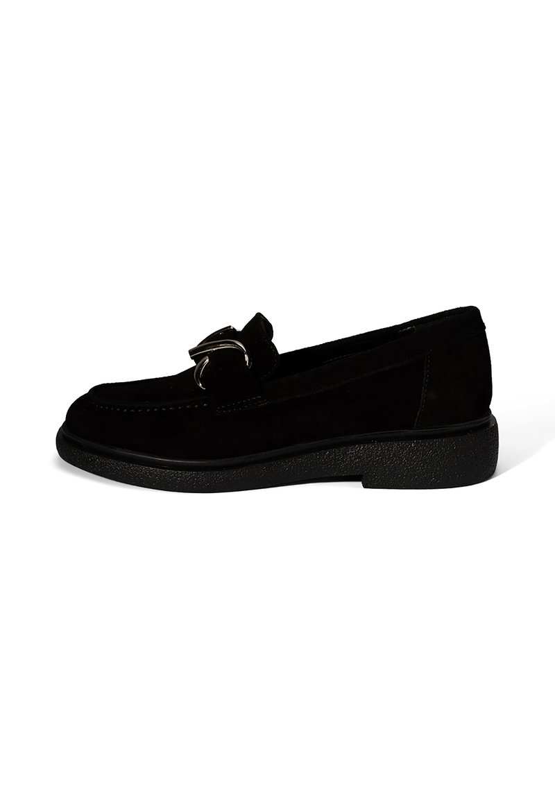 Black suede loafers with a round toe, silver hardware accent, and textured black synthetic sole. Smooth finish with a subtle shine.