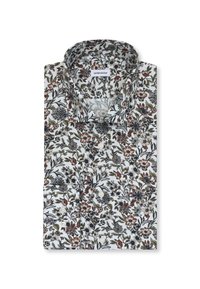 Bloemenpatroon overhemd met een witte basis, met meerkleurige bloemen in rood, blauw en groen. Knopenrij met een klassieke kraag.