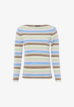 Trui met lange mouwen en horizontale strepen in bruin, blauw, groen, roze en wit, met een ronde halslijn en een fijne gebreide textuur.