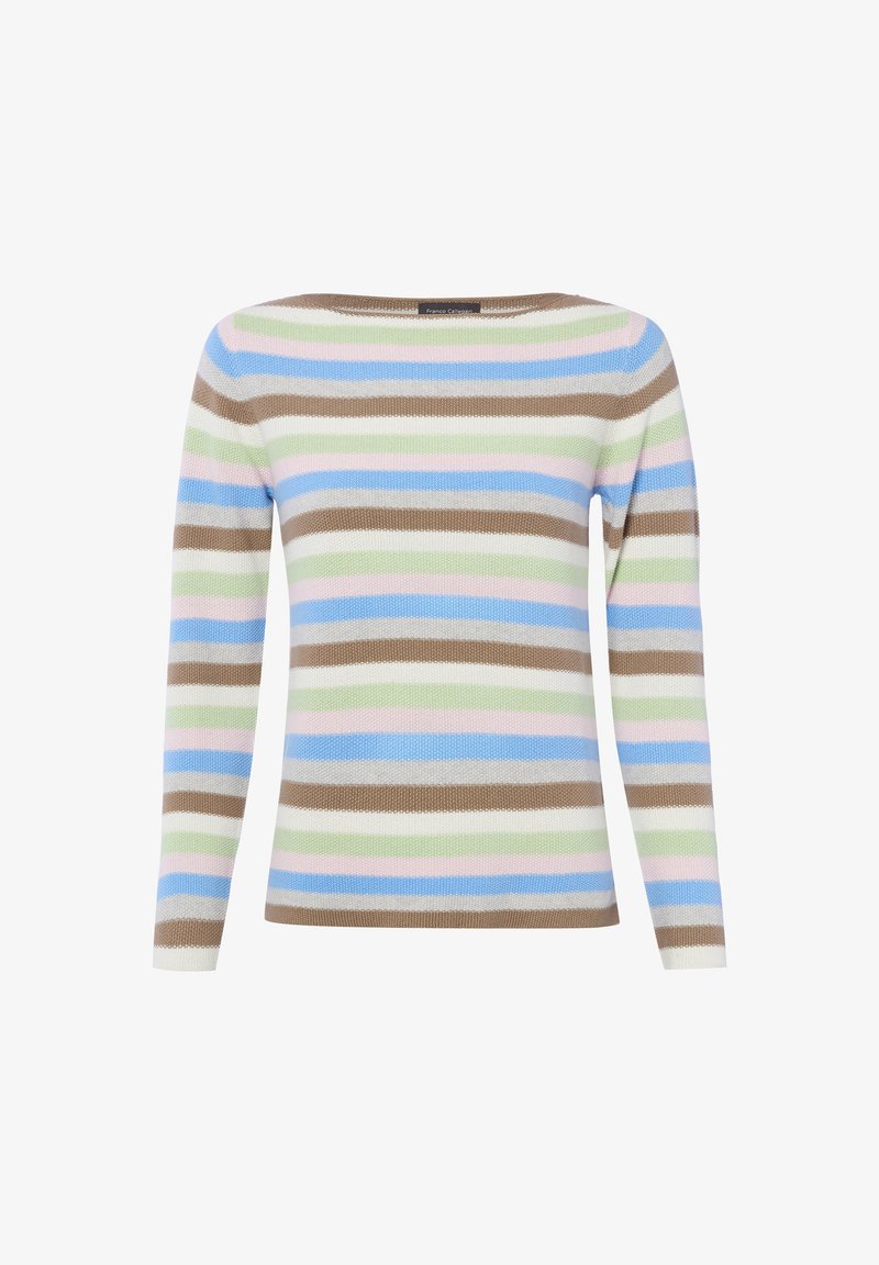 Langärmeliges Sweatshirt mit horizontalen Streifen in Braun, Blau, Grün, Rosa und Weiß, mit rundem Ausschnitt und feiner Strickstruktur.