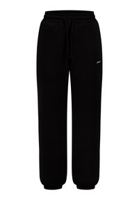 Mustat fleece-housut, joissa on joustava vyötärö, säädettävä naru, sivutaskut ja joustavat hihnat.