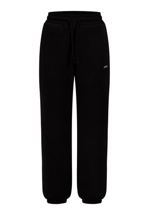 Pantalones de chándal de forro polar negros con cintura elástica, cordón ajustable, bolsillos laterales y puños elásticos.