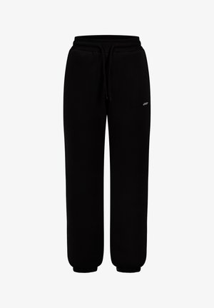 Mustat fleece-housut, joissa on joustava vyötärö, säädettävä naru, sivutaskut ja joustavat hihnat.