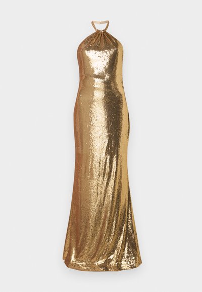Gold sequined halter neck gown, fitted silhouette, floor-length design, smooth texture with shimmering surface, gathered neckline detail.