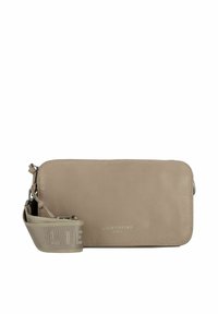 Beige Leder Umhängetasche mit glatter Textur, Reißverschluss und einem Stoffriemen mit geprägten "LIEBESKIND"-Logoakzenten.