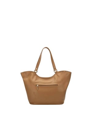 Borsa a mano in pelle marrone con doppi manici e tasca frontale con cerniera, su sfondo bianco semplice.