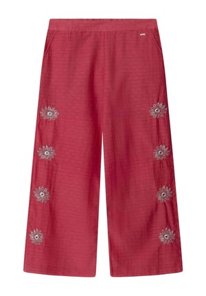 Rote weit geschnittene Hose mit bestickten silbernen Blumenmustern entlang beider Beine und einem elastischen Bund.