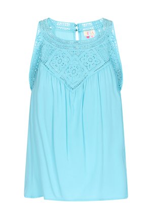 Světle modrý top bez rukávů s krajkovou páskou s květinovými vzory. Volný střih s nařasenou látkou pod krajkovým detailem.