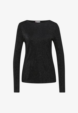 Chemise noire à manches longues avec un décolleté bateau, en tissu texturé et pailleté, dotée d'une coupe droite et d'un drapé doux.