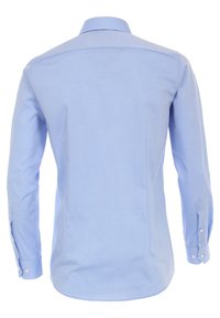 Lichtblauw langemouw overhemd met een spreadkraag, getailleerd design, knoopmanchetten en een gladde textuur. De achterkant heeft een middennaad en een afgeronde zoom.