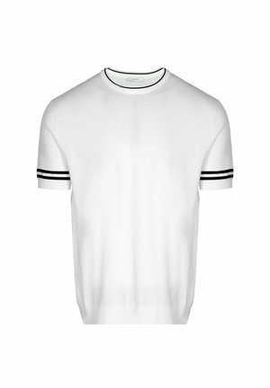 Witte korte mouwen trui met ronde hals, voorzien van zwarte dubbele strepen op de mouwen en kraagafwerking.