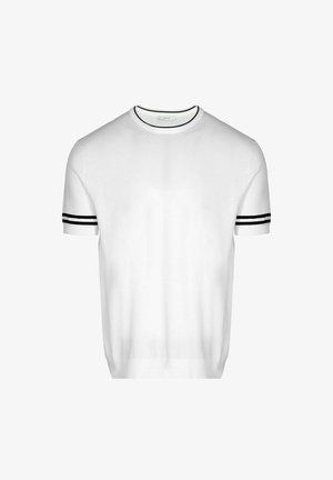 Witte korte mouwen trui met ronde hals, voorzien van zwarte dubbele strepen op de mouwen en kraagafwerking.