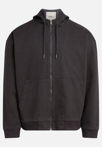 Zwarte capuchon zip-up jack gemaakt van gestructureerde stof, met een voorkant rits, twee grote zakken en ribgebreide manchetten en zoom.