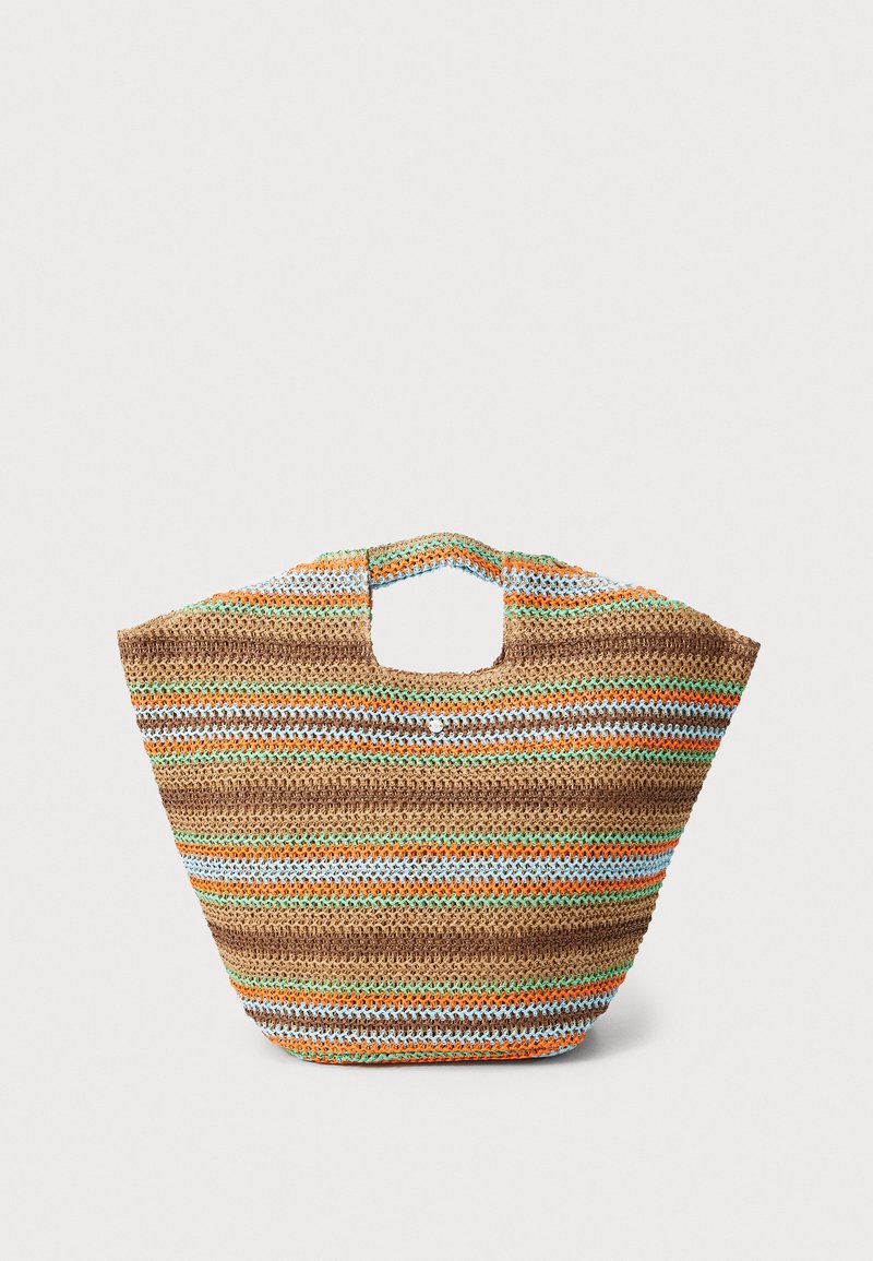 Woven straw tote bag with multicolored stripes in brown, green, orange, and blue. Features a flat shape and two hand openings. Lightweight design.