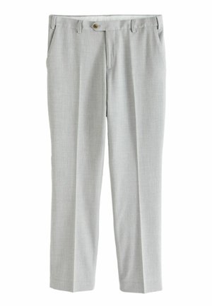 Pantalones de color gris claro en una tela suave y texturada con un diseño de pierna recta, que presenta un cierre de botón y bolsillos laterales.