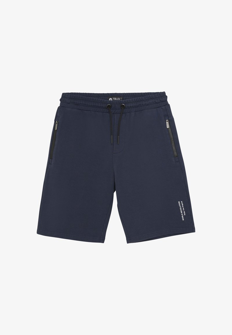 Shorts bleu marine en tissu doux. Ils disposent d'une taille élastique avec cordon de serrage, de deux poches latérales zippées et d'un détail textuel imprimé sur la jambe.